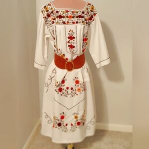 Mexican autumn natural organic boho midi dress  embroidery pumpkin wedding M